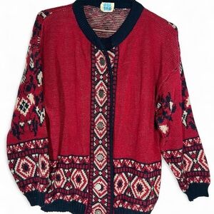 Quadro red, cream, and navy blue vintage 1970s wool cardigan